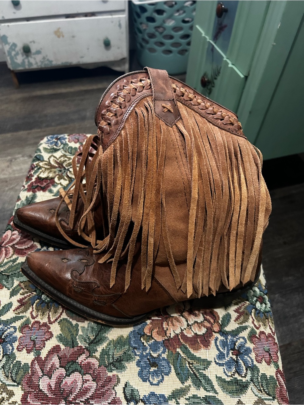 Fringed Suede Western Ankle Boots - Brown